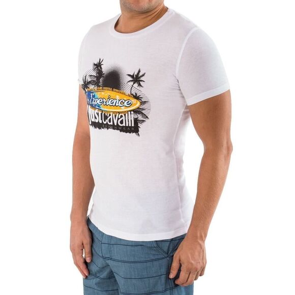 New Just Cavalli Men S / 48 White Cotton Crewneck T-Shirt Summer Print Top - Picture 3 of 4